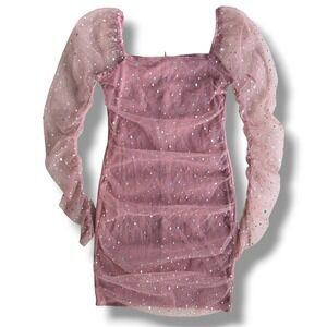 Double Crazy M Dusty Pink Sequin Ruched Mesh Puff Long Sleeve Bodycon Mini Dress